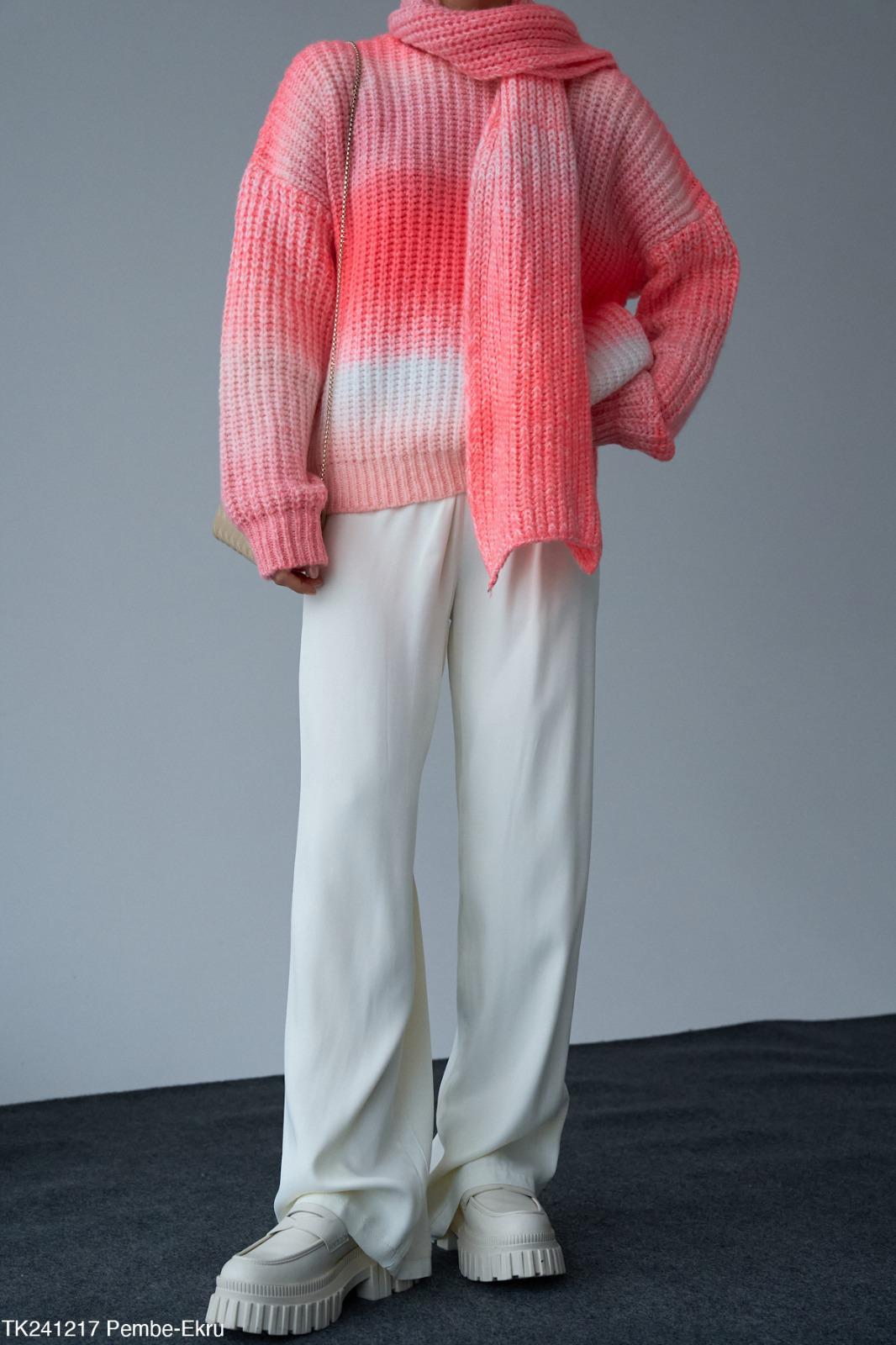 Kadın Bisiklet Yaka Örgü Aksesuar Atkılı 2'li Kazak Gül Kurusu