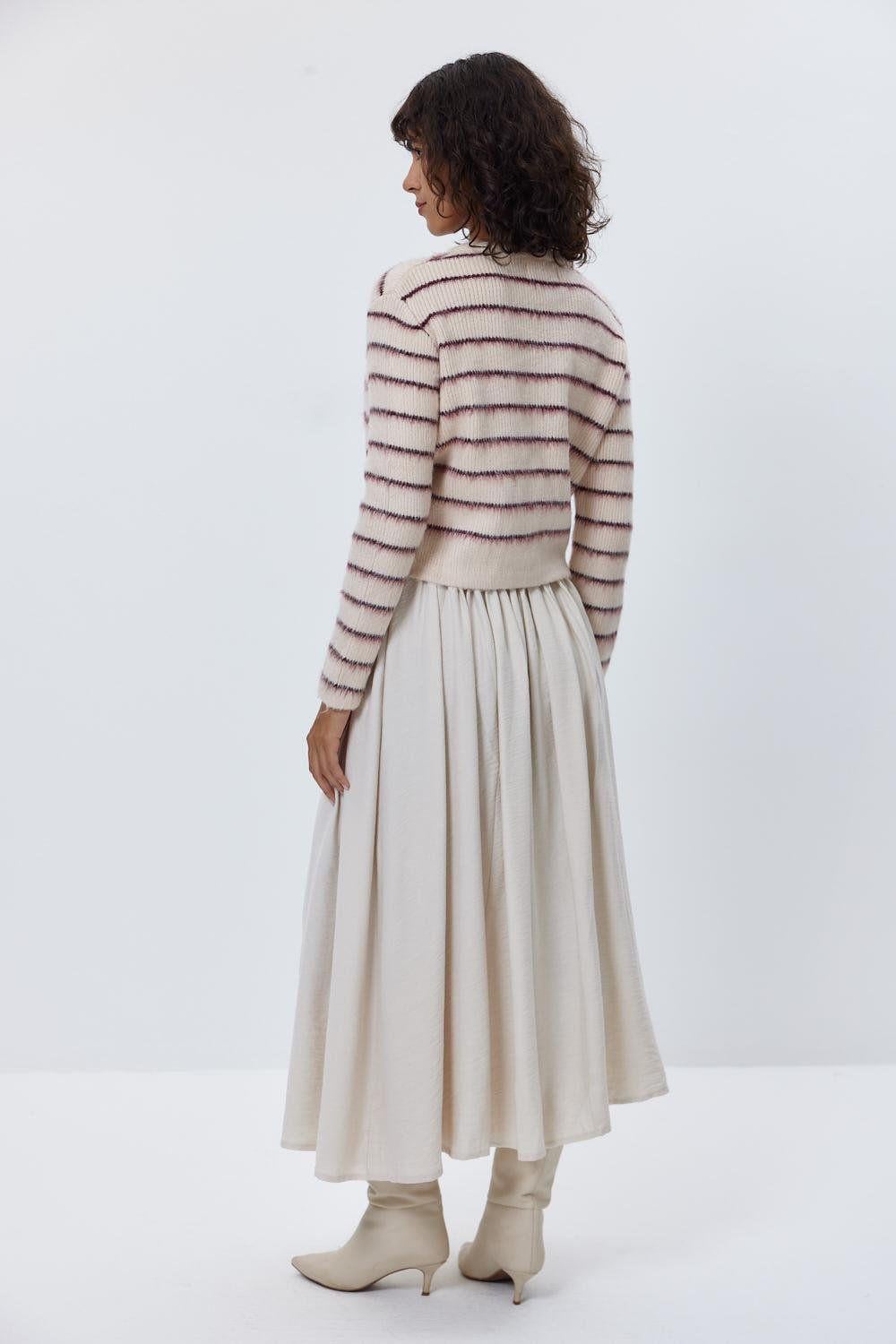 Kadın Gül Kurusu Çizgili Gold Düğmeli Tüylü Hırka