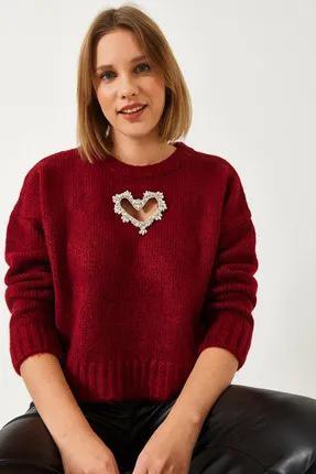 Kadın Kalp Detaylı Taş İşlemeli Triko Kazak Bordo