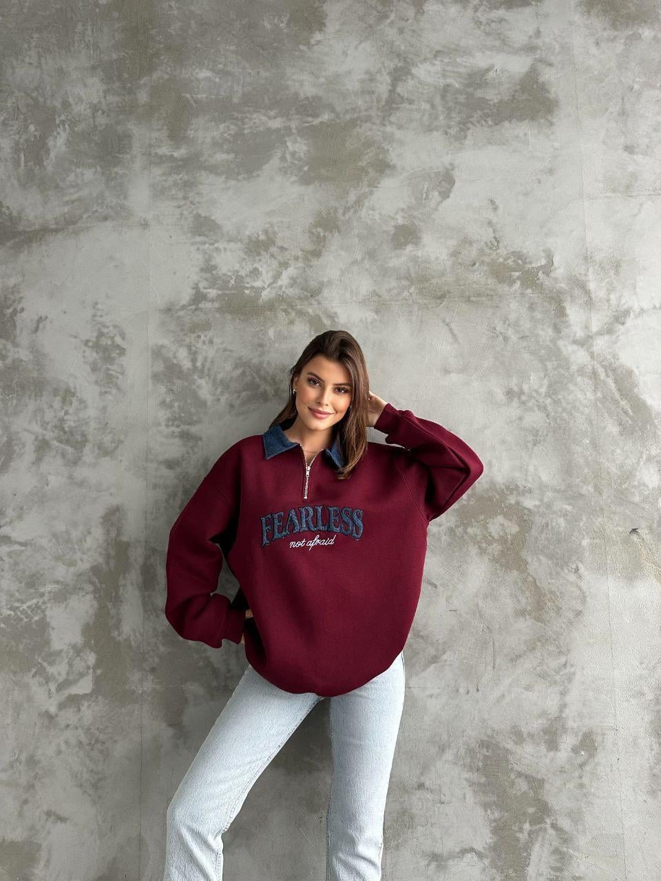 Kadın Kot Yaka Fermuarlı Bordo Sweatshirt 
