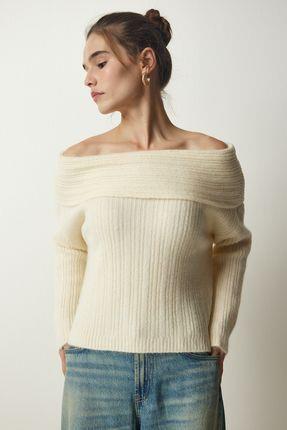 Kadın Krem Madonna Yaka Triko Kazak