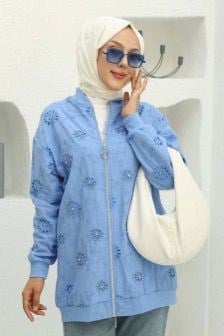 Kadın Taş Işlemeli Brode Hırka Mavi
