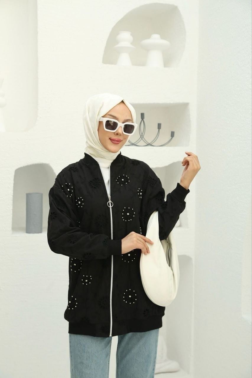 Kadın Taş Işlemeli Brode Hırka Siyah