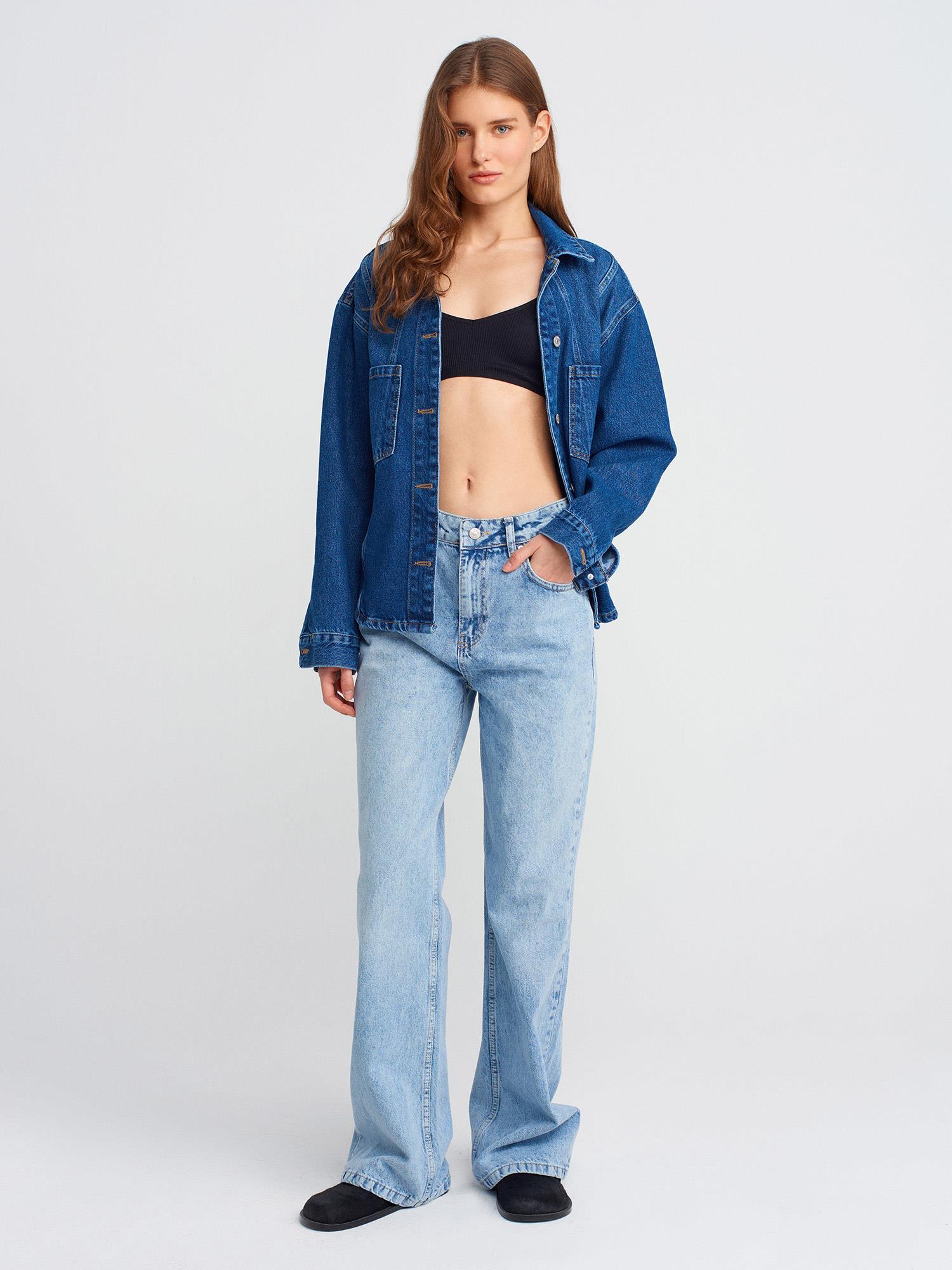 Kar Yıkama Wideleg Denim Pantolon-Mavi