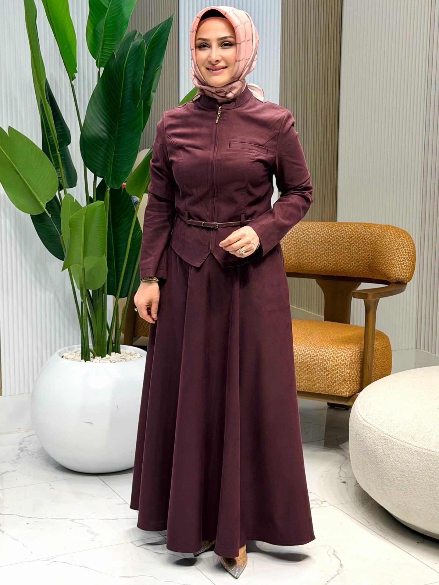 Kemerli Etekli Takım Mürdüm