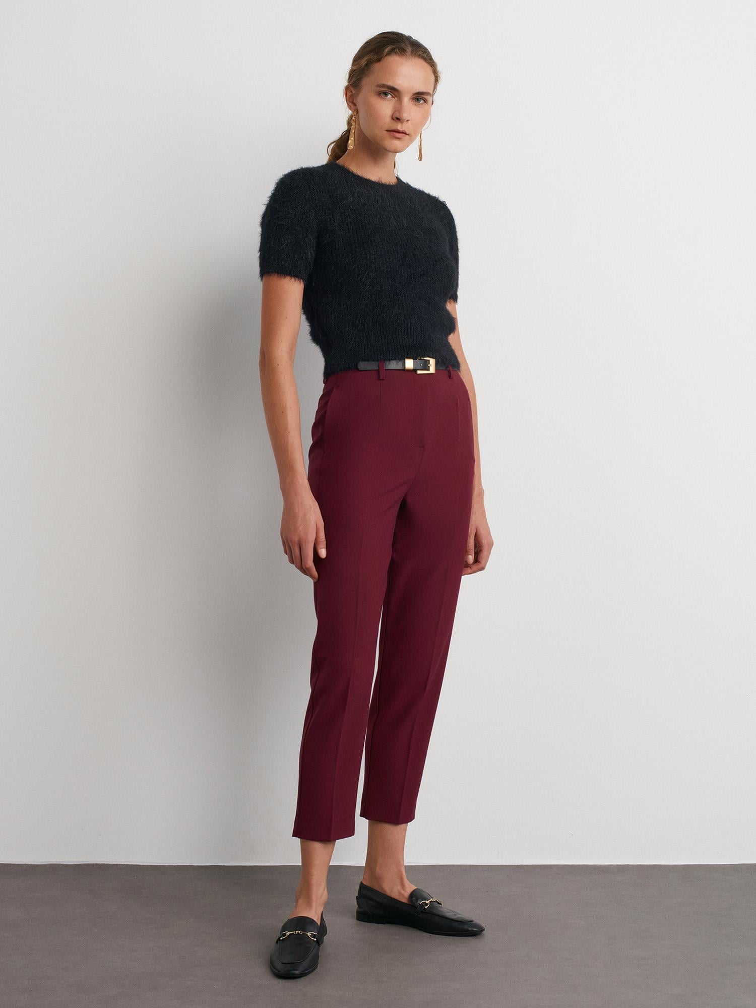 Kemerli Yüksek Bel Pantolon-Bordo