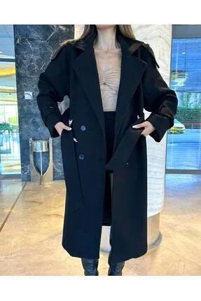 Kruvaze Kaşe Kaban Düğmeli Kuşaklı Oversize-siyah