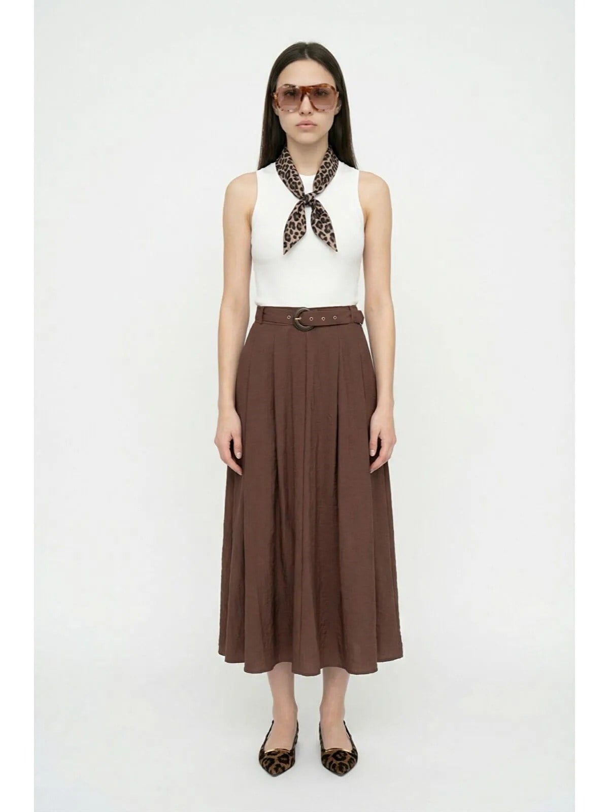 Leopar Fularlı Kombine Midi Elbise Kahverengi