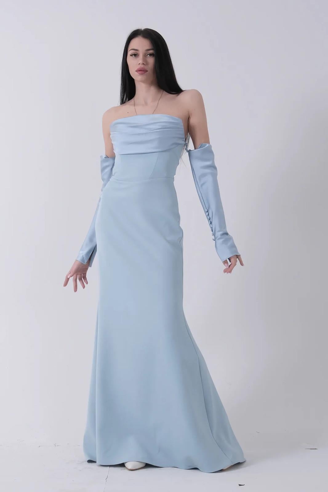 Mavi Straples Degaje Yaka ve Kol Detaylı  ABİYE ELBİSE