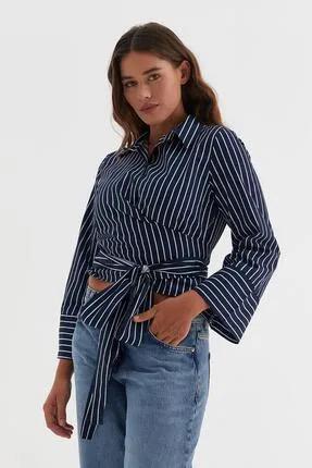 Önden Bağlamalı Poplin Gömlek Özel Tasarım Gömlek Lacivert Gömlek