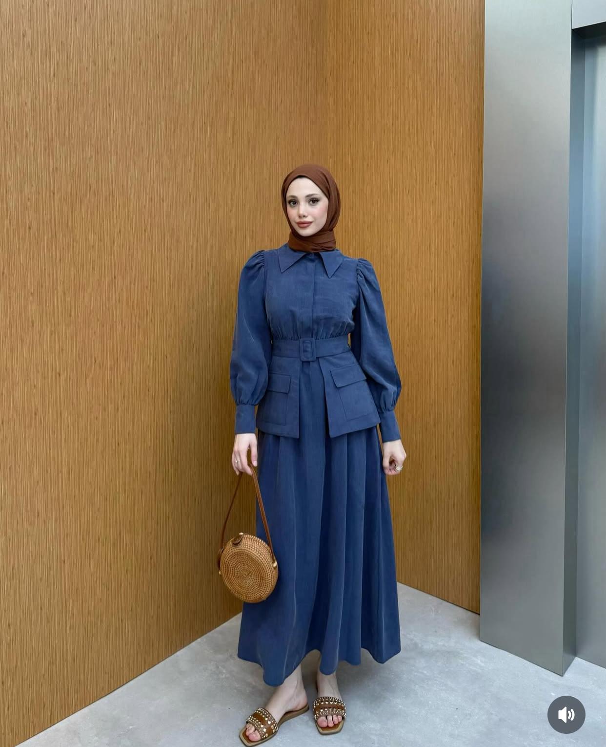 Pamuklu Kemer Cep Detaylı Mavi Elbise