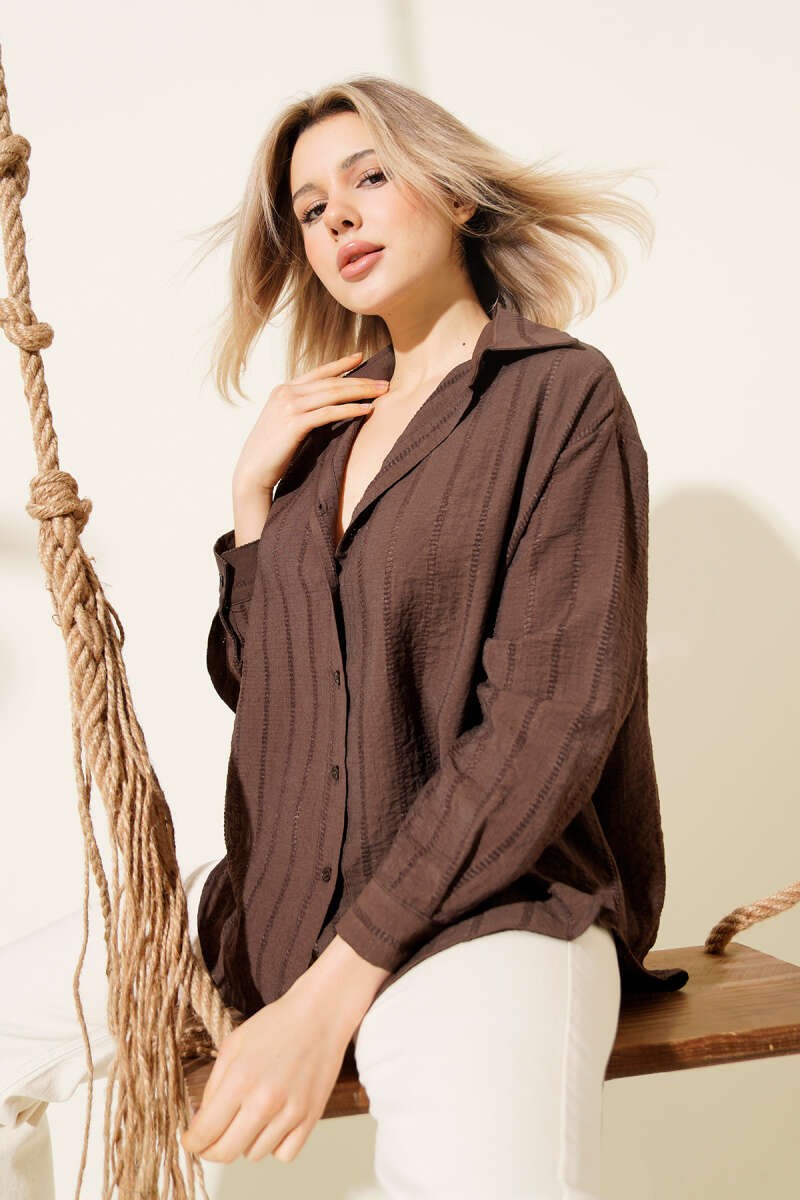 Şerit Brodeli Oversize Basic Gömlek Kahve