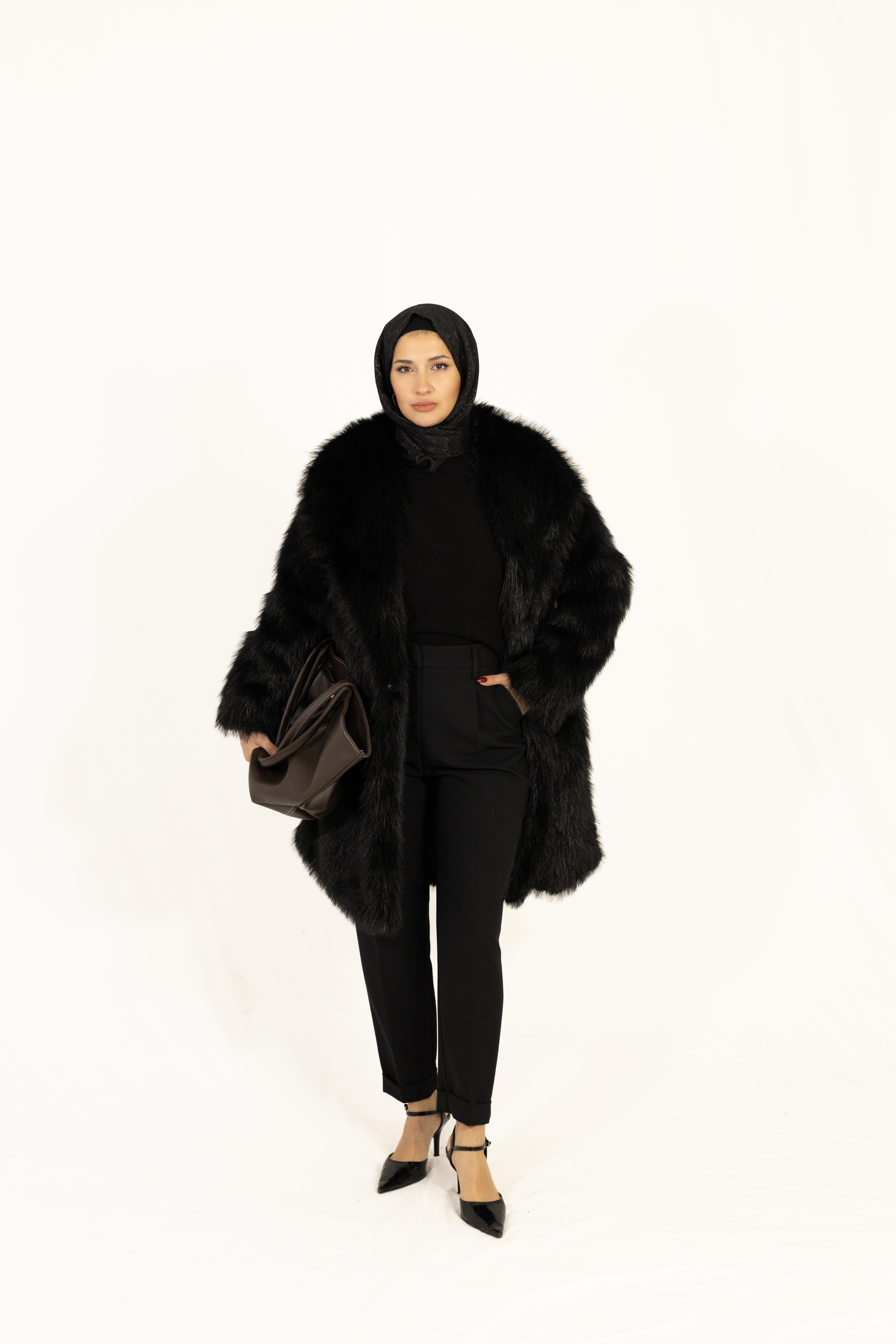 Siyah Astarlı Oversize Premium Kürk Kaban