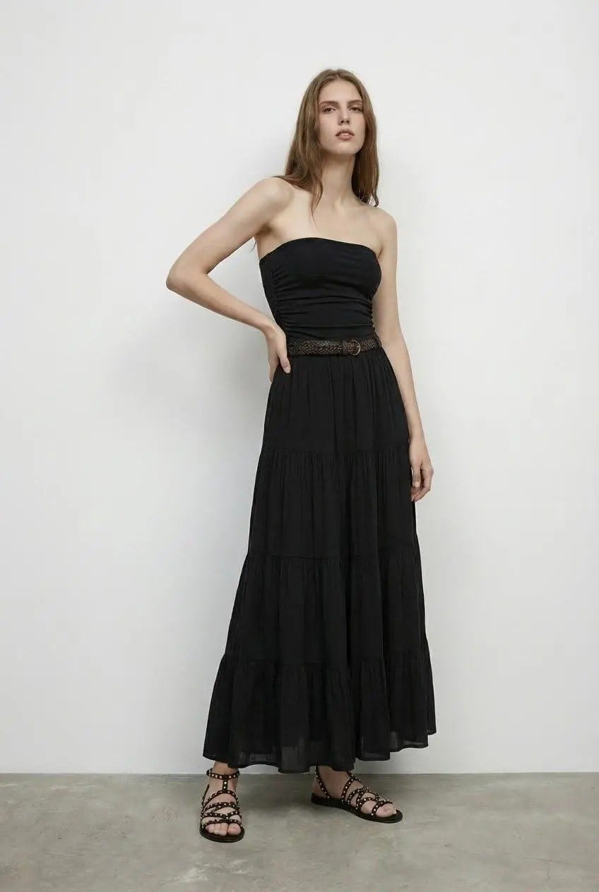 Siyah Exclusive Beli Lastikli Viskon Karışımlı Maxi Etek