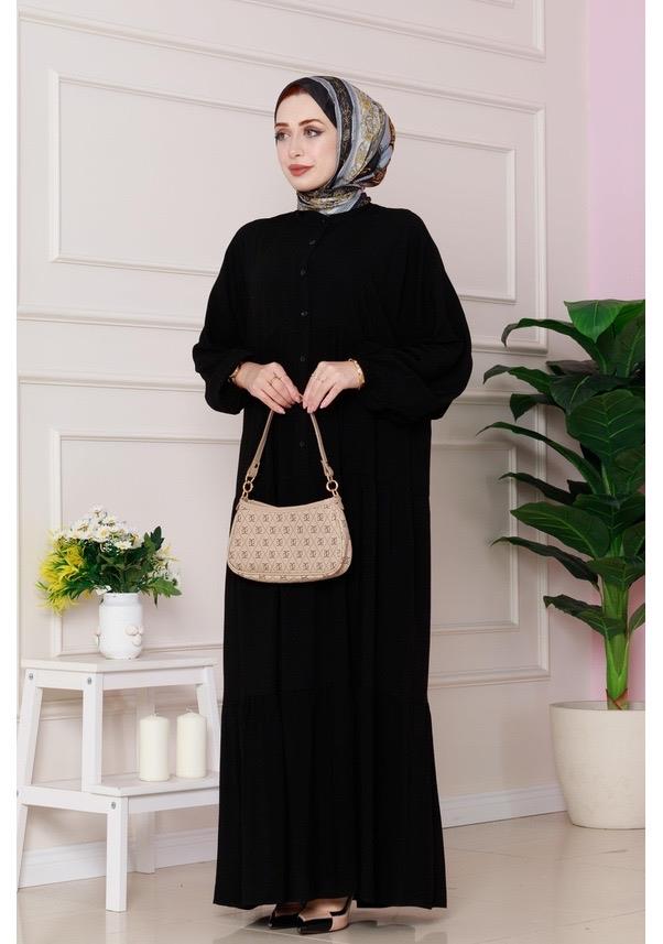 SiyahYarım Düğmeli Robalı Hira Elbise