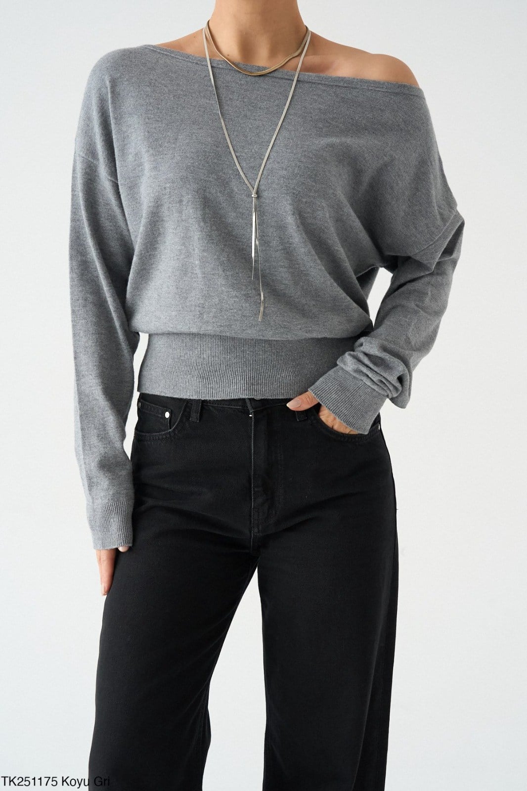 Tek Omuzlu İnce Triko Üst GRİ