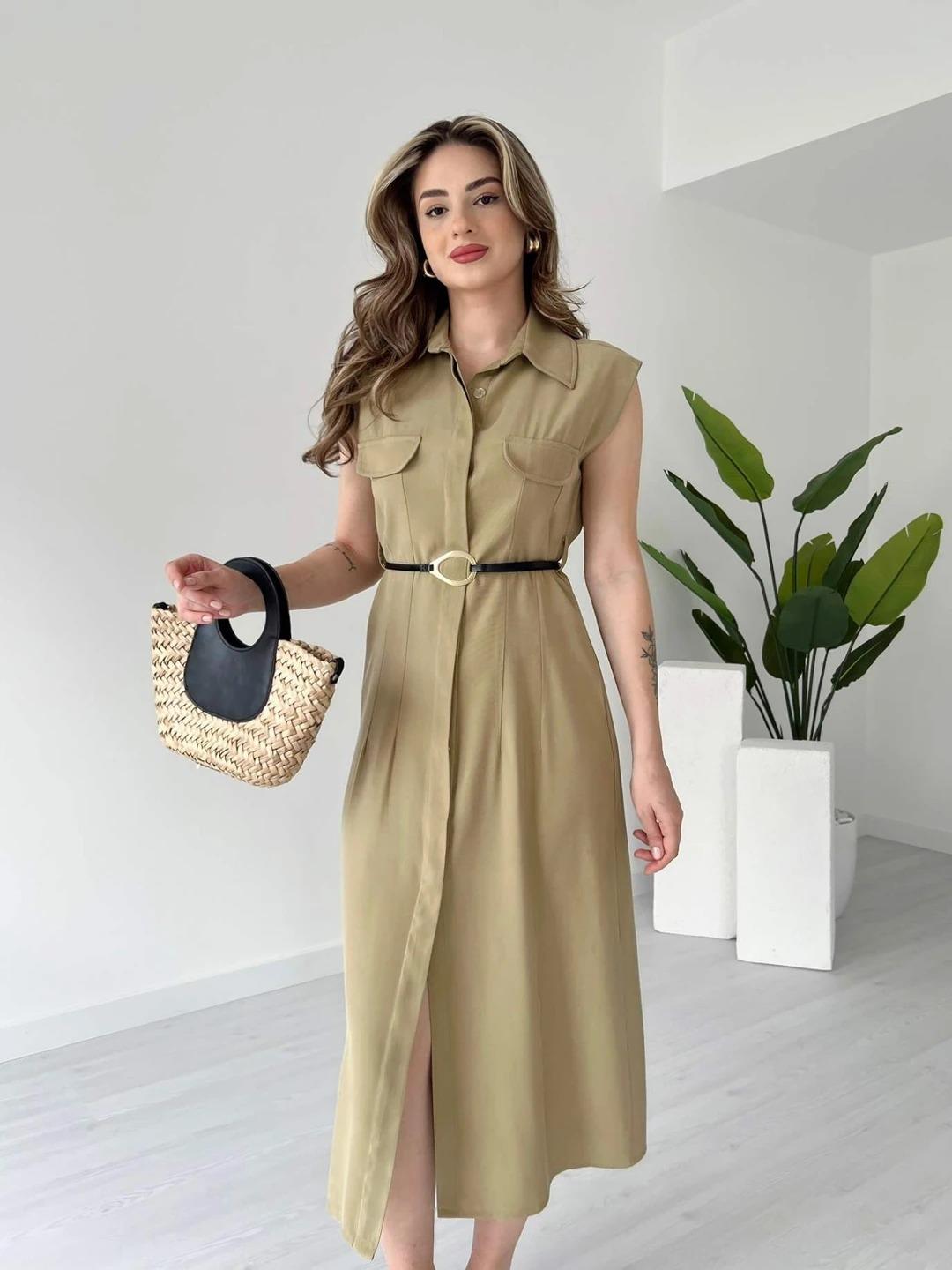 Tensel Kumaş Gold Kemer Detaylı Elbise Haki