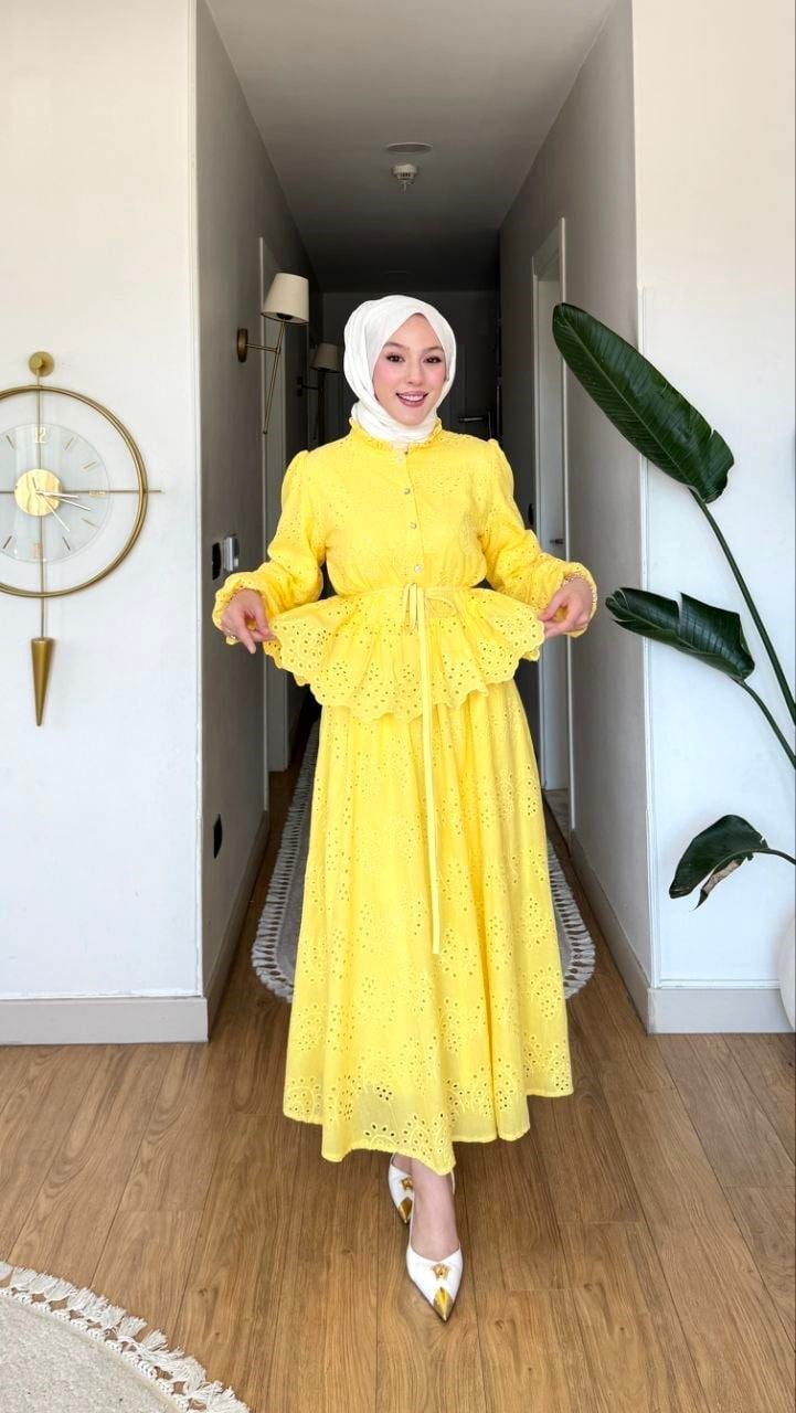 Tesettür Takım Fisto Kumaş Astarlı Etek-Gömlek - Sarı
