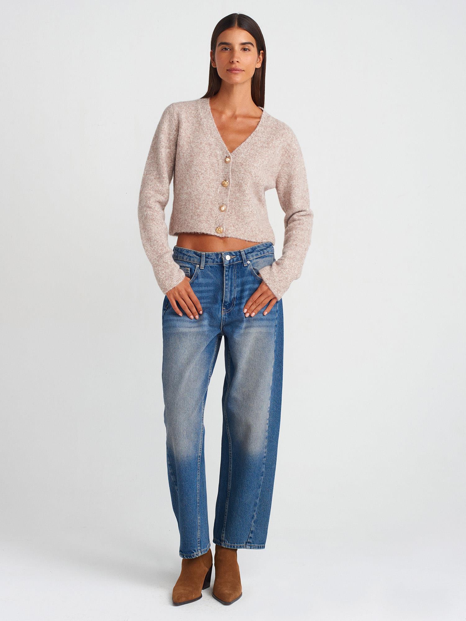 V Yaka Leopar Şardonlu Düğmeli Triko Hırka-Vizon