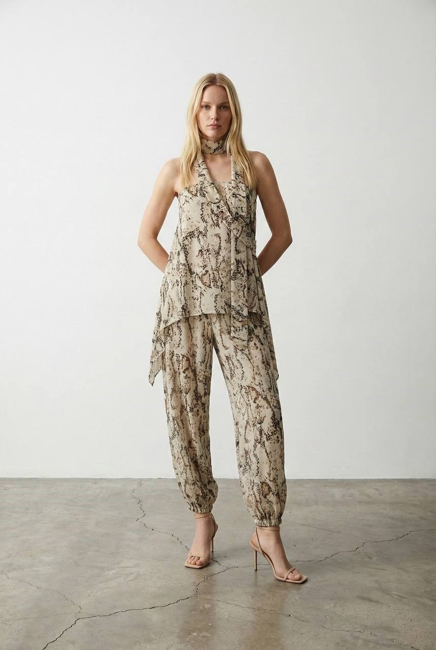 Yılan Desenli Bluz Bej