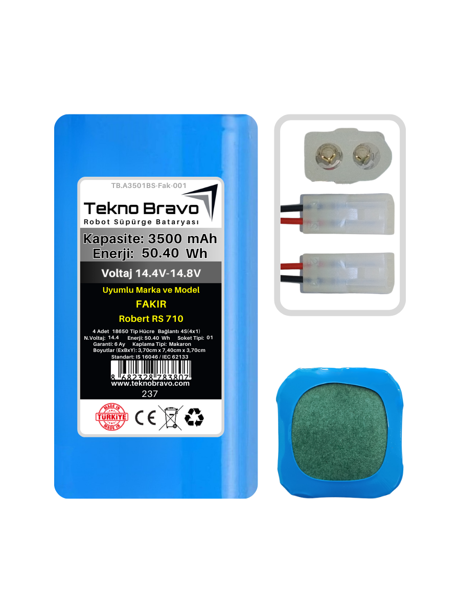 A01-237  Tekno Bravo (Fakir Robert RS 710 Uyumlu) 3500mAh 50,4Wh Robot Süpürge Yedek Bataryası