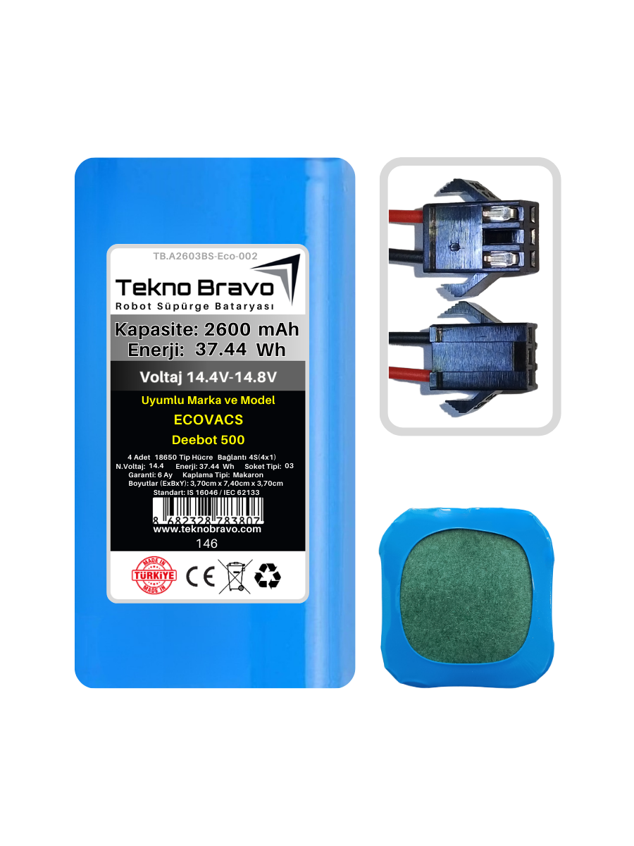 A03-146  Tekno Bravo (Ecovacs Deebot 500 Uyumlu) 2600mAh 37,44Wh Robot Süpürge Yedek Bataryası