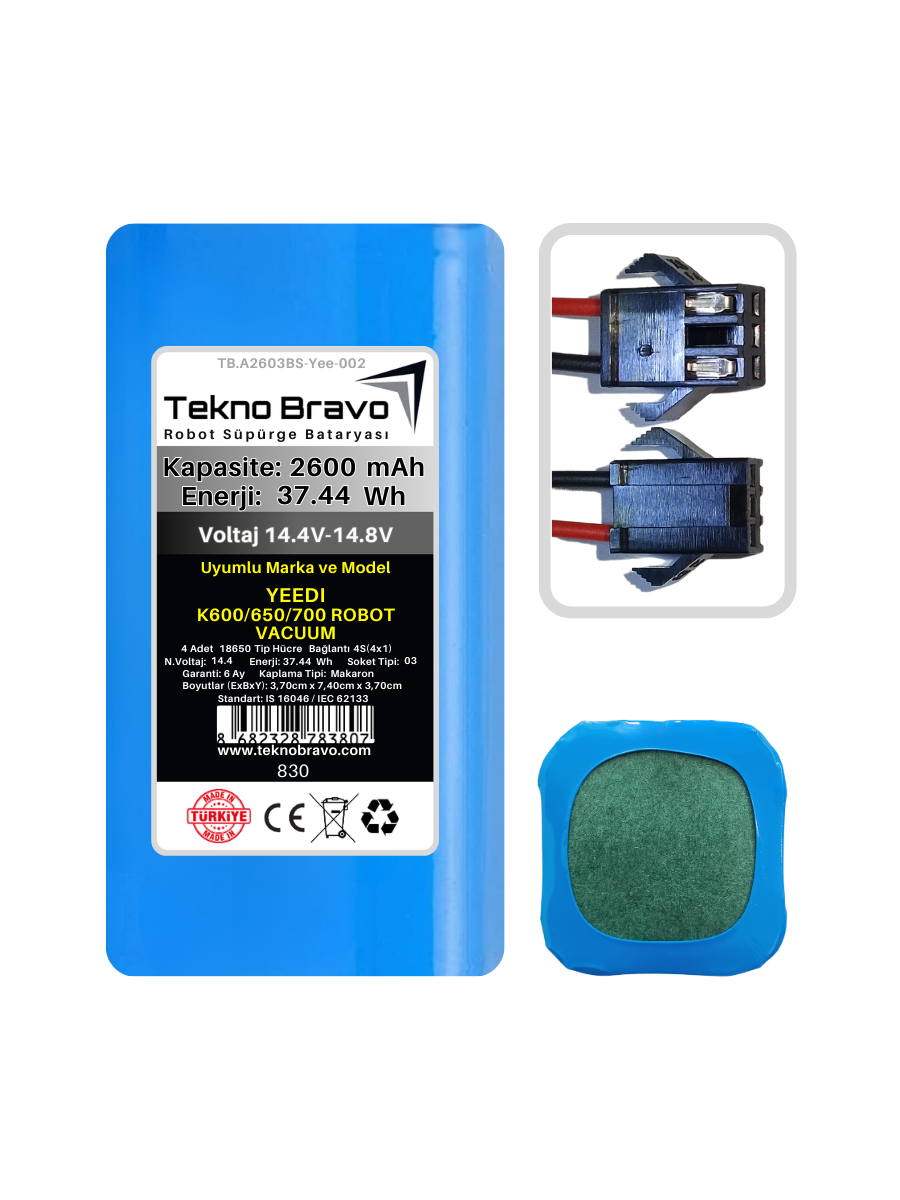 A03-830  Tekno Bravo (Yeedi K600/650/700 ROBOT VACUUM Uyumlu) 2600mAh 37,44Wh Robot Süpürge Yedek Bataryası