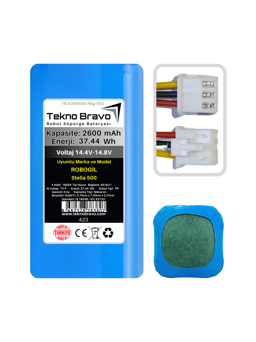 A05-423  Tekno Bravo (Robogil Stella 500 Uyumlu) 2600mAh 37,44Wh Robot Süpürge Yedek Bataryası