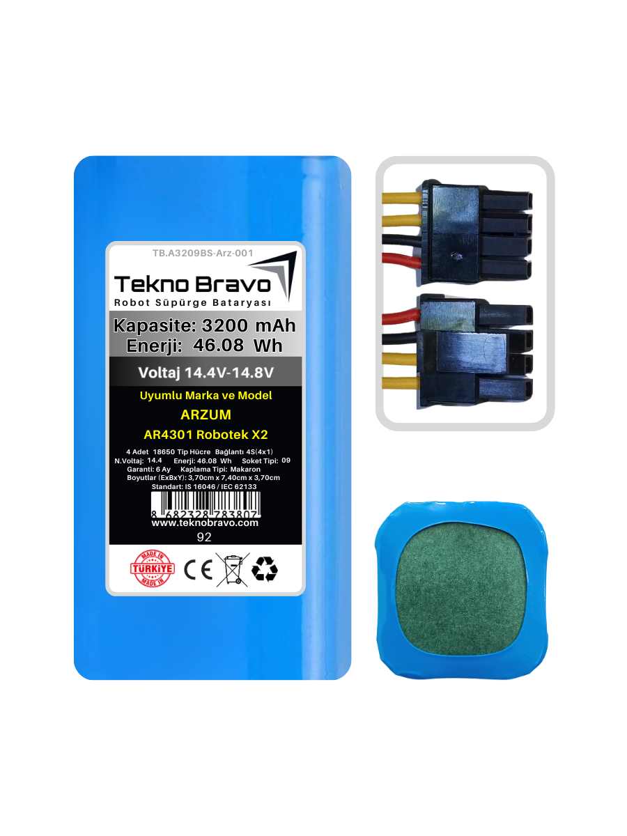 A09-92  Tekno Bravo (Arzum AR4301 Robotek X2 Uyumlu) 3200mAh 46,08Wh Robot Süpürge Yedek Bataryası