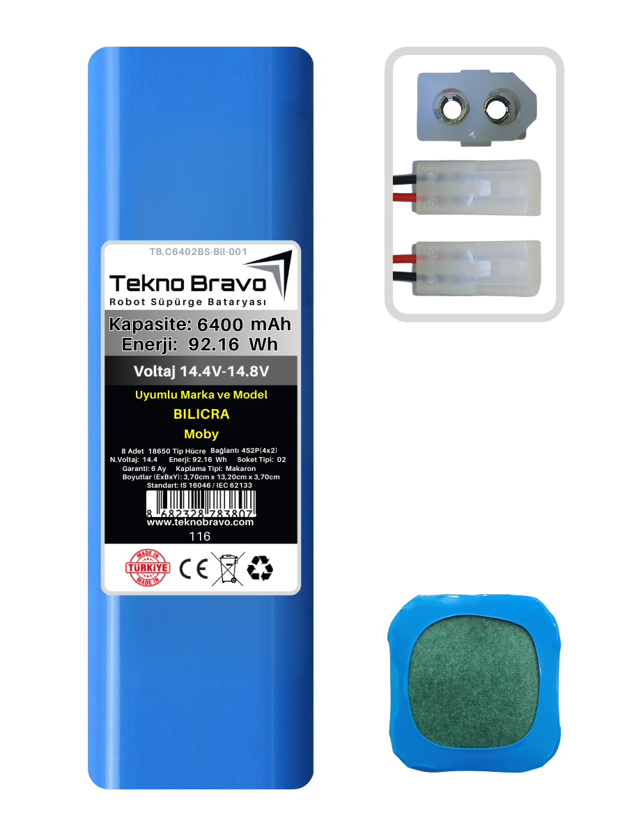 C02-116  Tekno Bravo (Bilicra Moby Uyumlu) 6400mAh 92,16Wh Robot Süpürge Yedek Bataryası