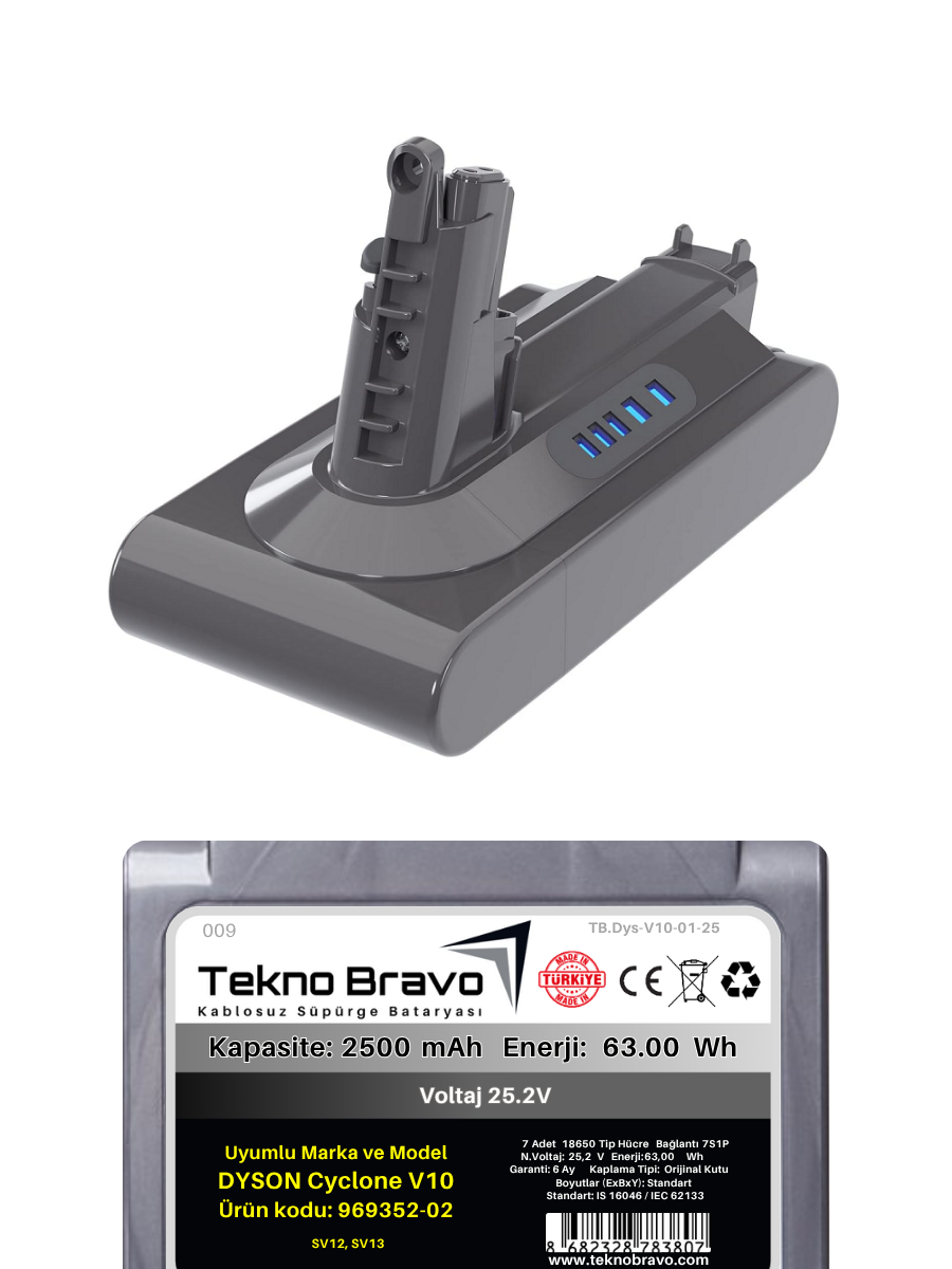 Tekno Bravo (Dyson V10 Cyclone SV12/13 Uyumlu) 2500mAh Bataryası Kablosuz Dikey Süpürge Pili TB.Dys-V10-01-25