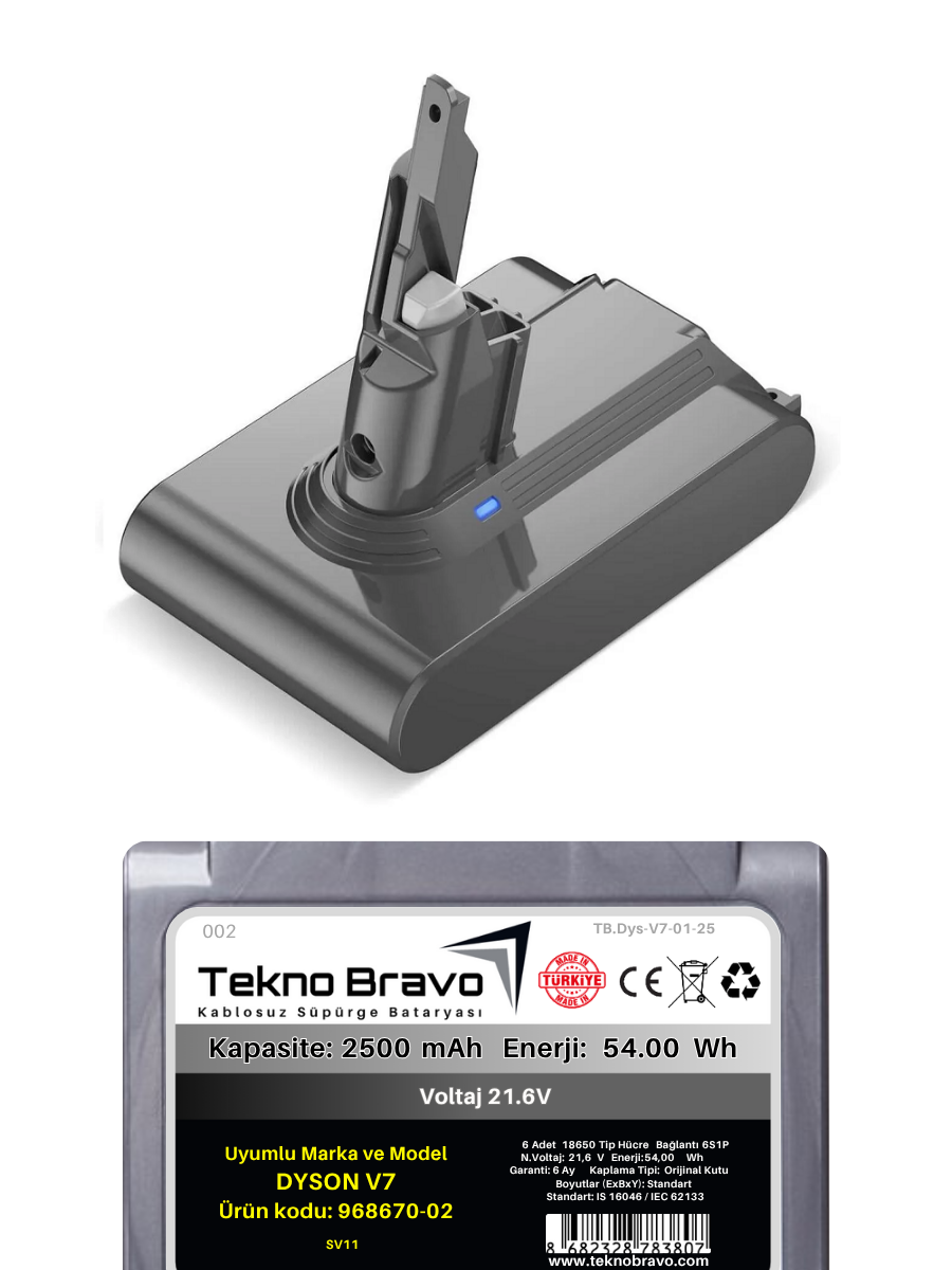Tekno Bravo (Dyson V7 SV11 Uyumlu) 2500mAh Bataryası Kablosuz Dikey Süpürge Pili TB.Dys-V7-01-25