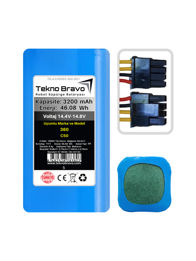 A09-5  Tekno Bravo (360 C50 Uyumlu) 3200mAh 46,08Wh Robot Süpürge Yedek Bataryası