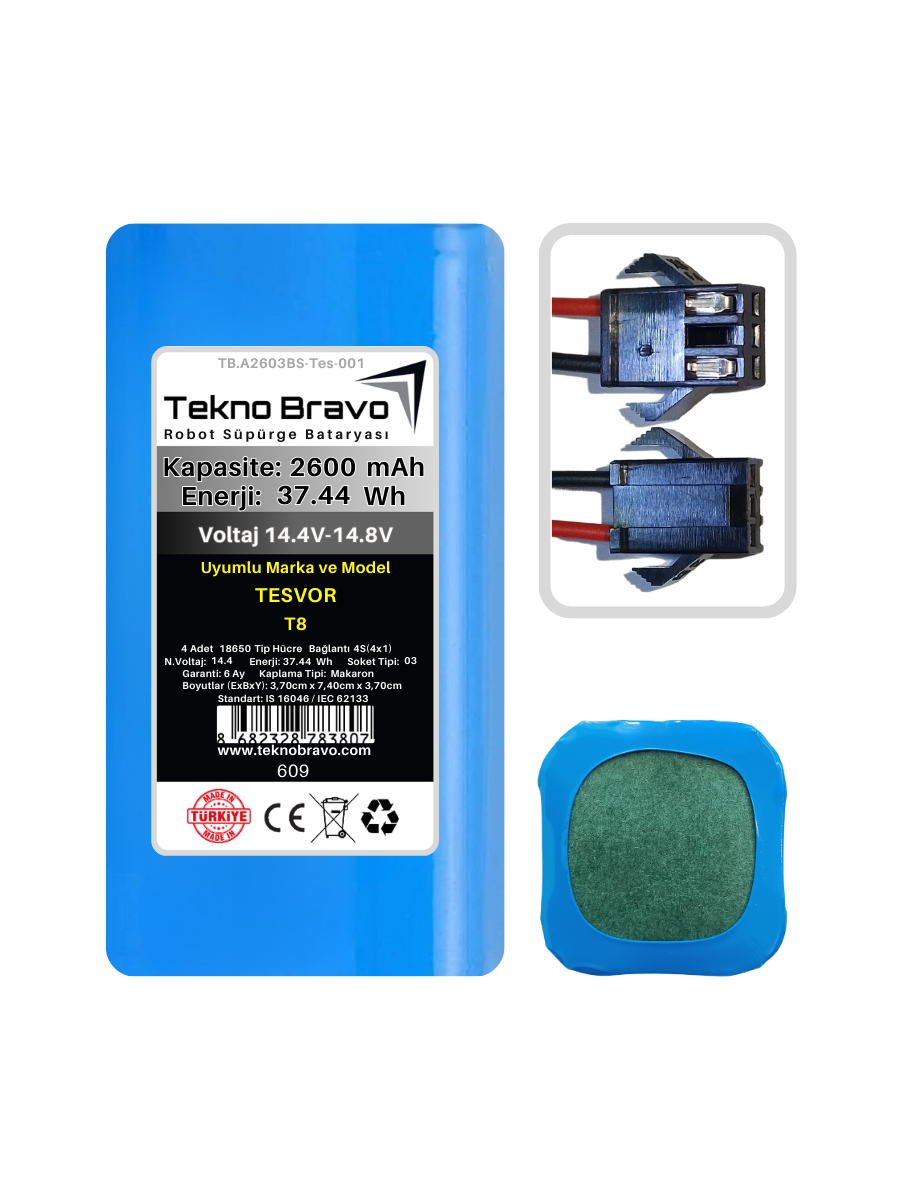 A03-609  Tekno Bravo (Tesvor T8 Uyumlu) 2600mAh 37,44Wh Robot Süpürge Yedek Bataryası