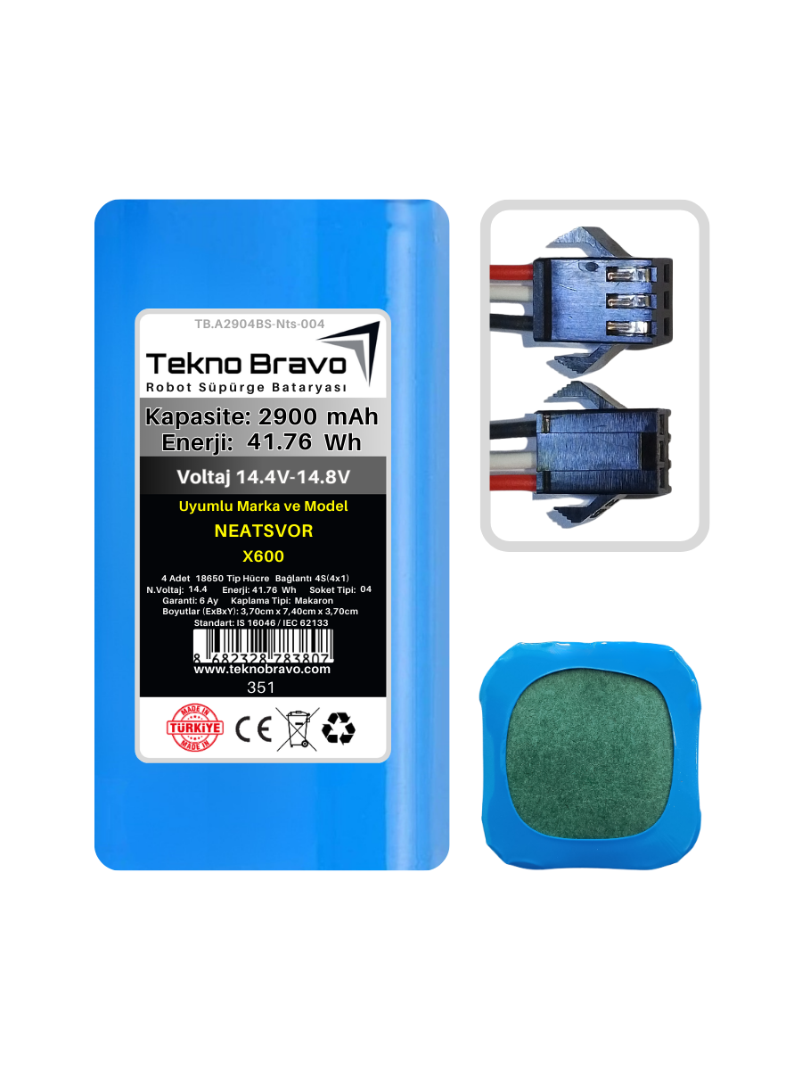 A04-351  Tekno Bravo (Neatsvor X600 Uyumlu) 2900mAh 41,76Wh Robot Süpürge Yedek Bataryası