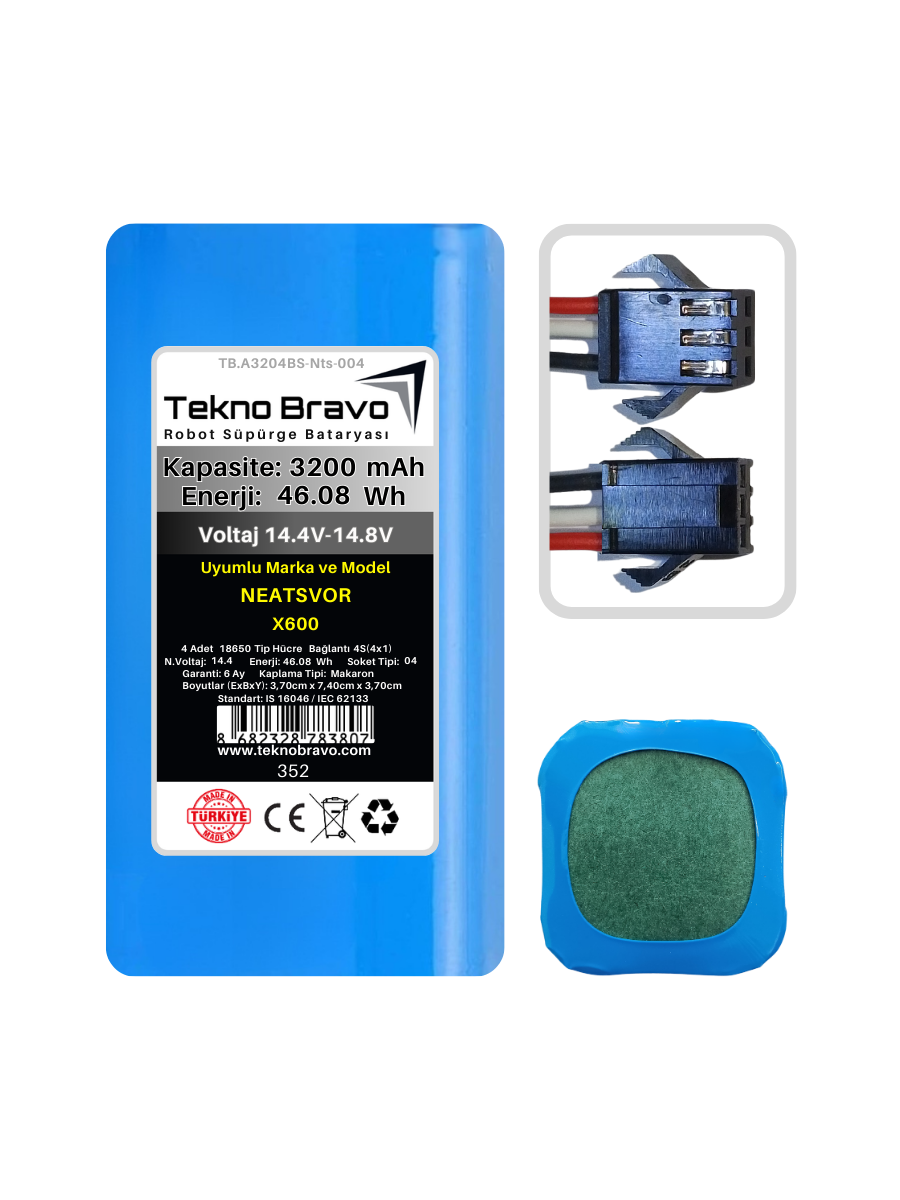 A04-352  Tekno Bravo (Neatsvor X600 Uyumlu) 3200mAh 46,08Wh Robot Süpürge Yedek Bataryası