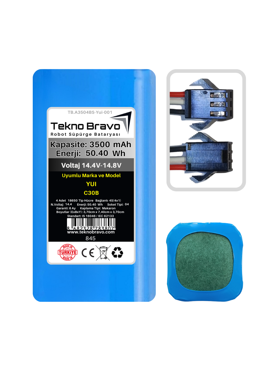 A04-845  Tekno Bravo (Yui C30B Uyumlu) 3500mAh 50,4Wh Robot Süpürge Yedek Bataryası