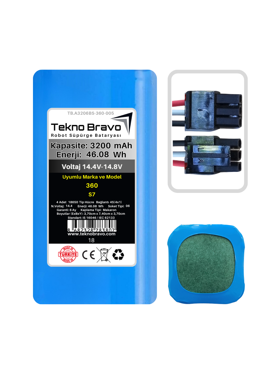 A06-18  Tekno Bravo (360 S7 Uyumlu) 3200mAh 46,08Wh Robot Süpürge Yedek Bataryası
