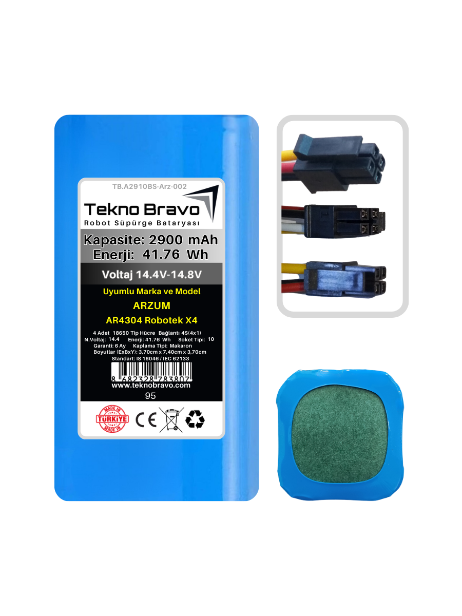 A10-95  Tekno Bravo (Arzum AR4304 Robotek X4 Uyumlu) 2900mAh 41,76Wh Robot Süpürge Yedek Bataryası