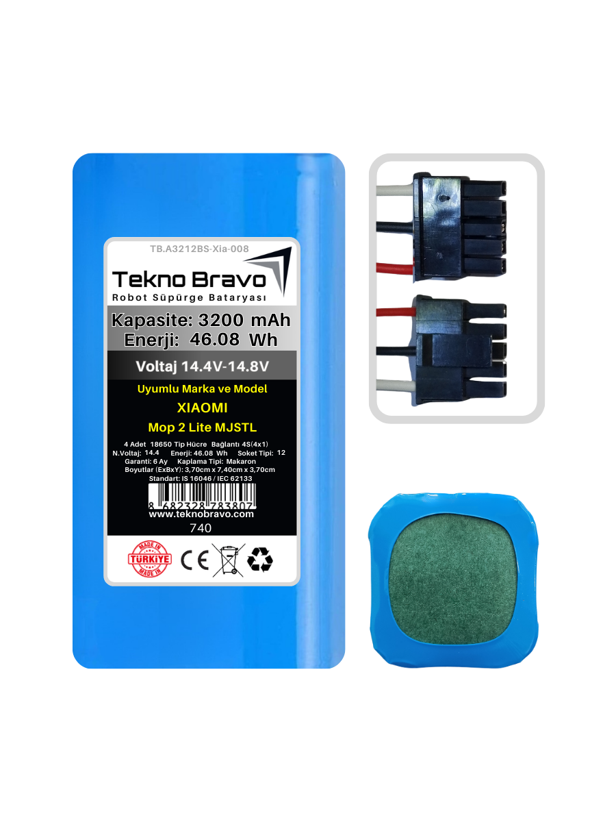 A12-740  Tekno Bravo (Xiaomi Mop 2 Lite MJSTL Uyumlu) 3200mAh 46,08Wh Robot Süpürge Yedek Bataryası