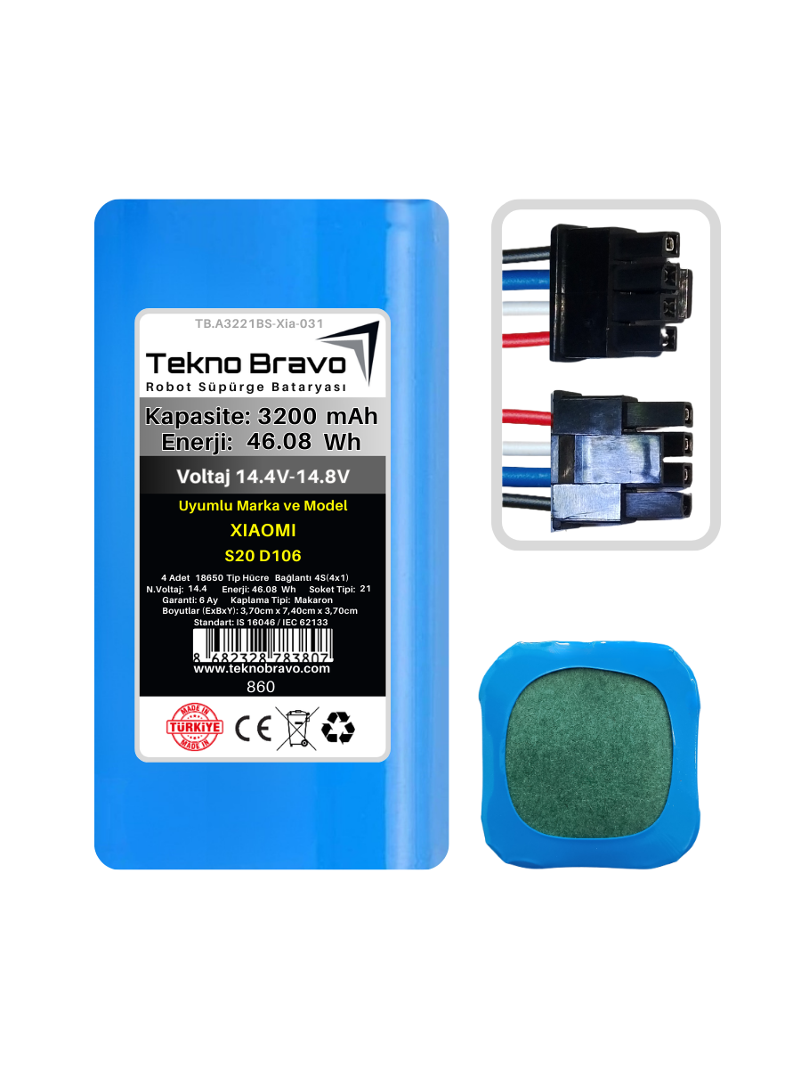 A21-860  Tekno Bravo (Xiaomi S20 D106 Uyumlu) 3200mAh 46,08Wh Robot Süpürge Yedek Bataryası