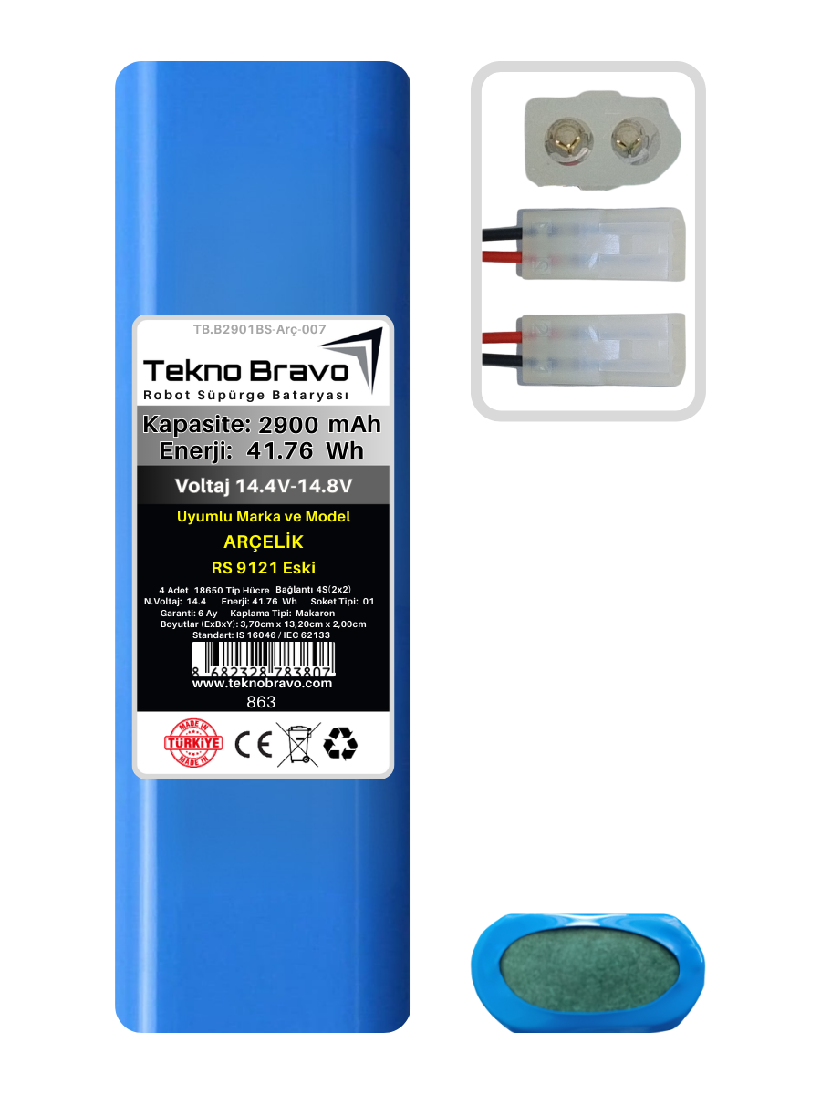 B01-863  Tekno Bravo (Arçelik RS 9121 Eski Uyumlu) 2900mAh 41,76Wh Robot Süpürge Yedek Bataryası