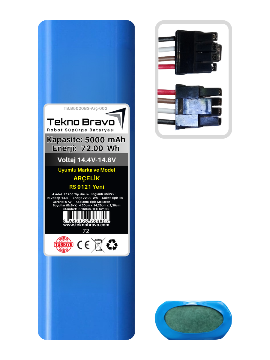B20-72  Tekno Bravo (Arçelik RS 9121 Yeni Uyumlu) 5000mAh 72Wh Robot Süpürge Yedek Bataryası
