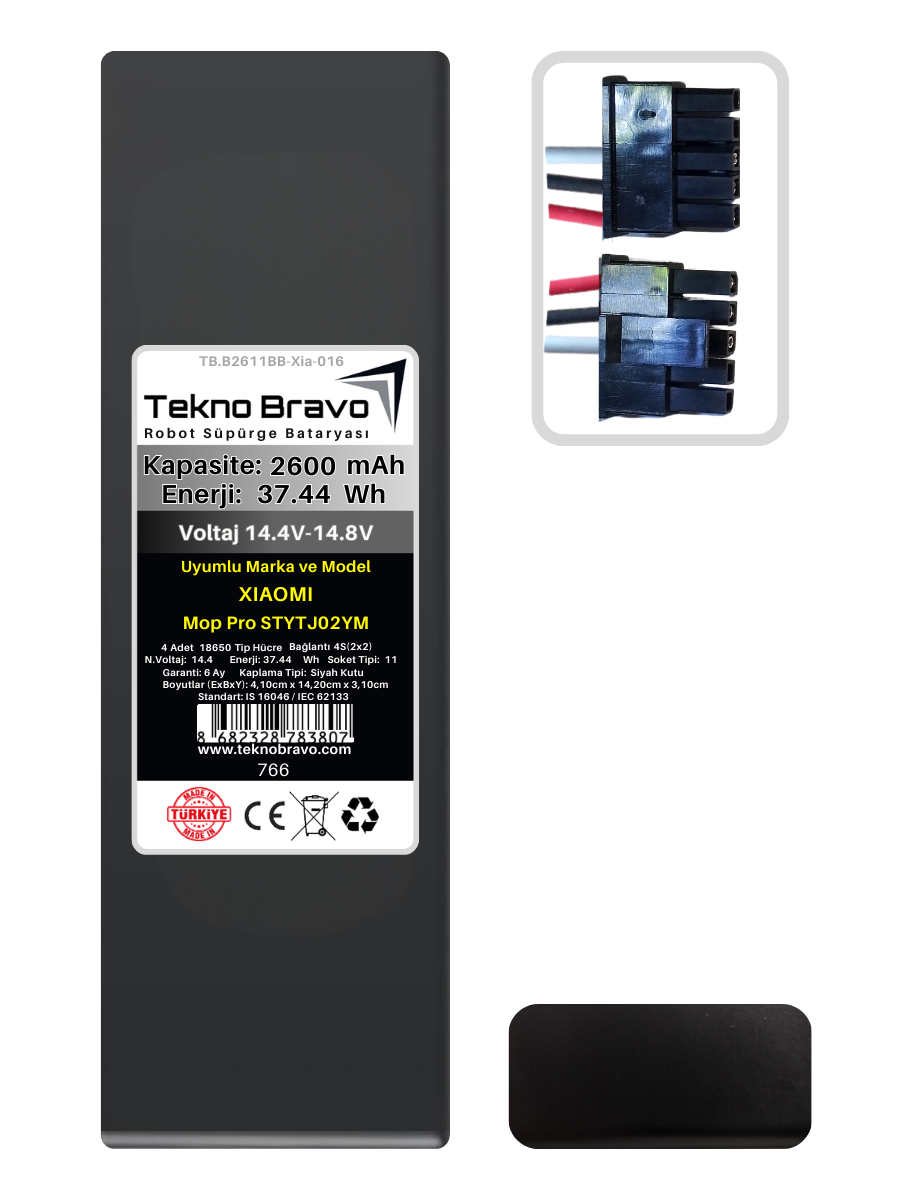BB11-766  Tekno Bravo (Xiaomi Mop Pro STYTJ02YM Uyumlu) 2600mAh 37,44Wh Robot Süpürge Yedek Bataryası