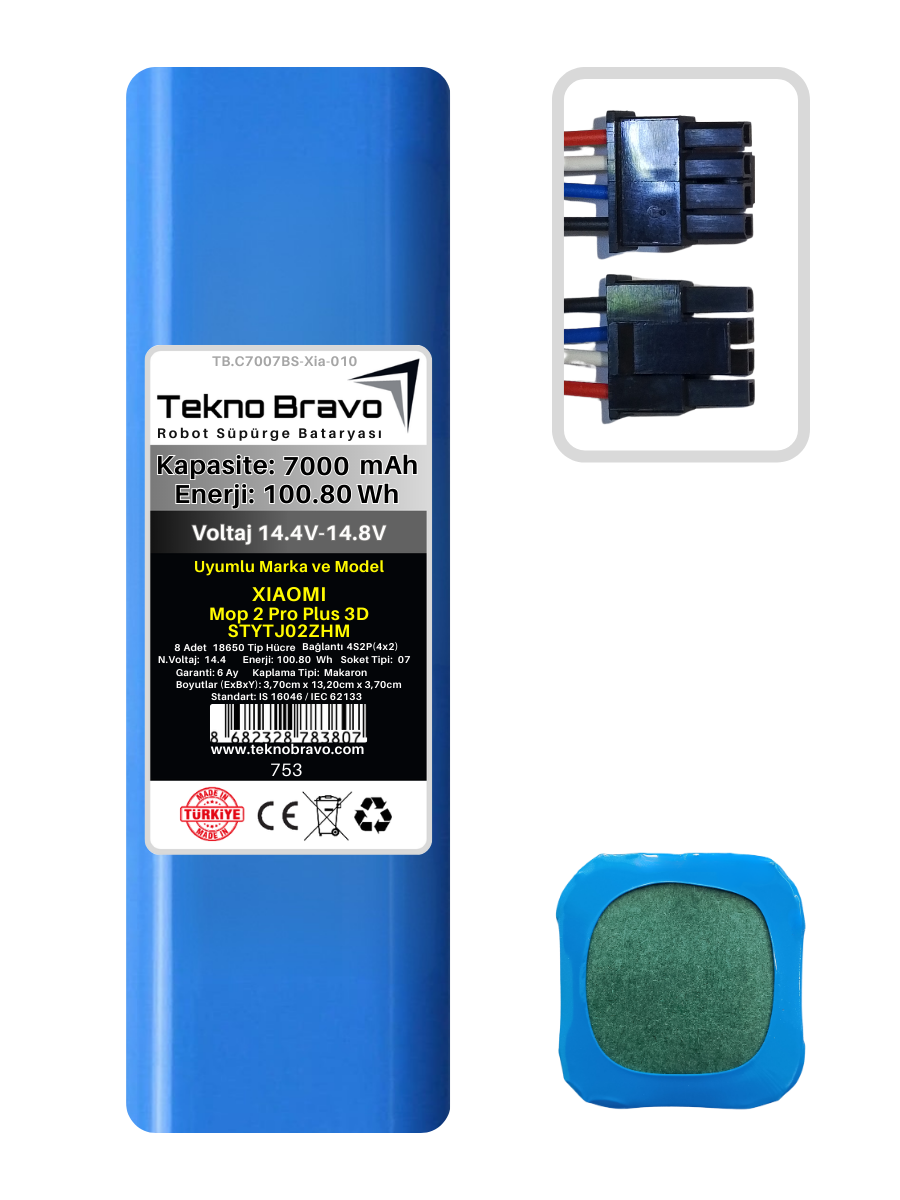 C07-753  Tekno Bravo (Xiaomi Mop 2 Pro Plus 3D STYTJ02ZHM Uyumlu) 7000mAh 100,8Wh Robot Süpürge Yedek Bataryası