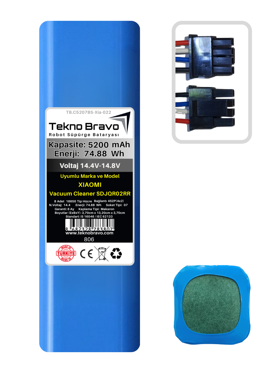 C07-806  Tekno Bravo (Xiaomi Vacuum Cleaner SDJQR02RR Uyumlu) 5200mAh 74,88Wh Robot Süpürge Yedek Bataryası