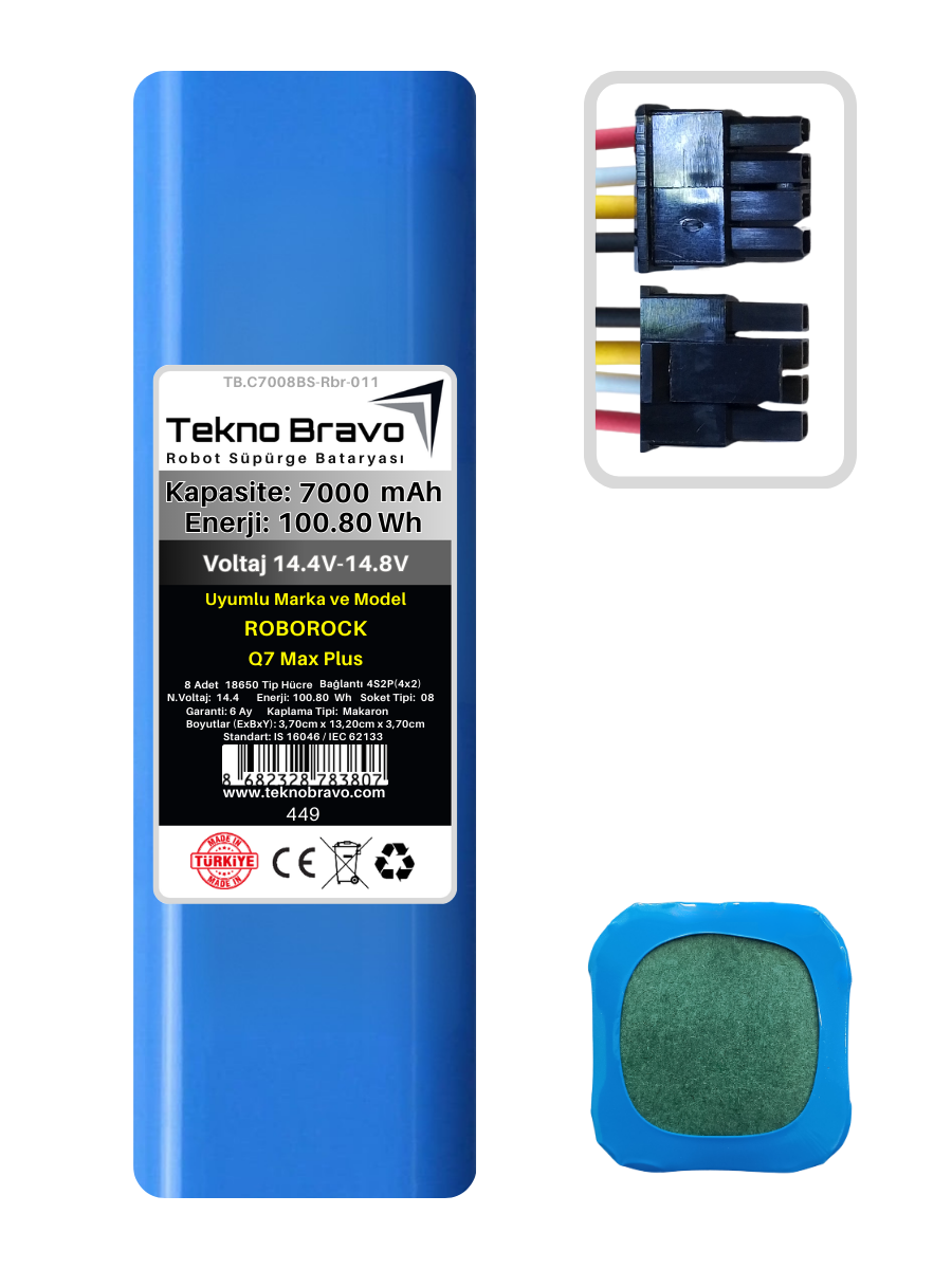 C08-449  Tekno Bravo (Roborock Q7 Max Plus Uyumlu) 7000mAh 100,8Wh Robot Süpürge Yedek Bataryası