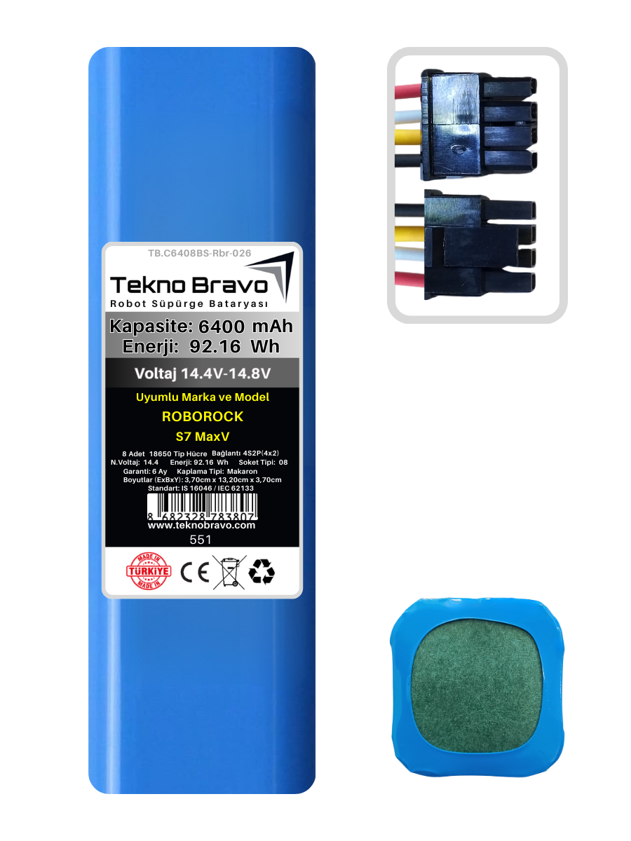 C08-551  Tekno Bravo (Roborock S7 MaxV Uyumlu) 6400mAh 92,16Wh Robot Süpürge Yedek Bataryası