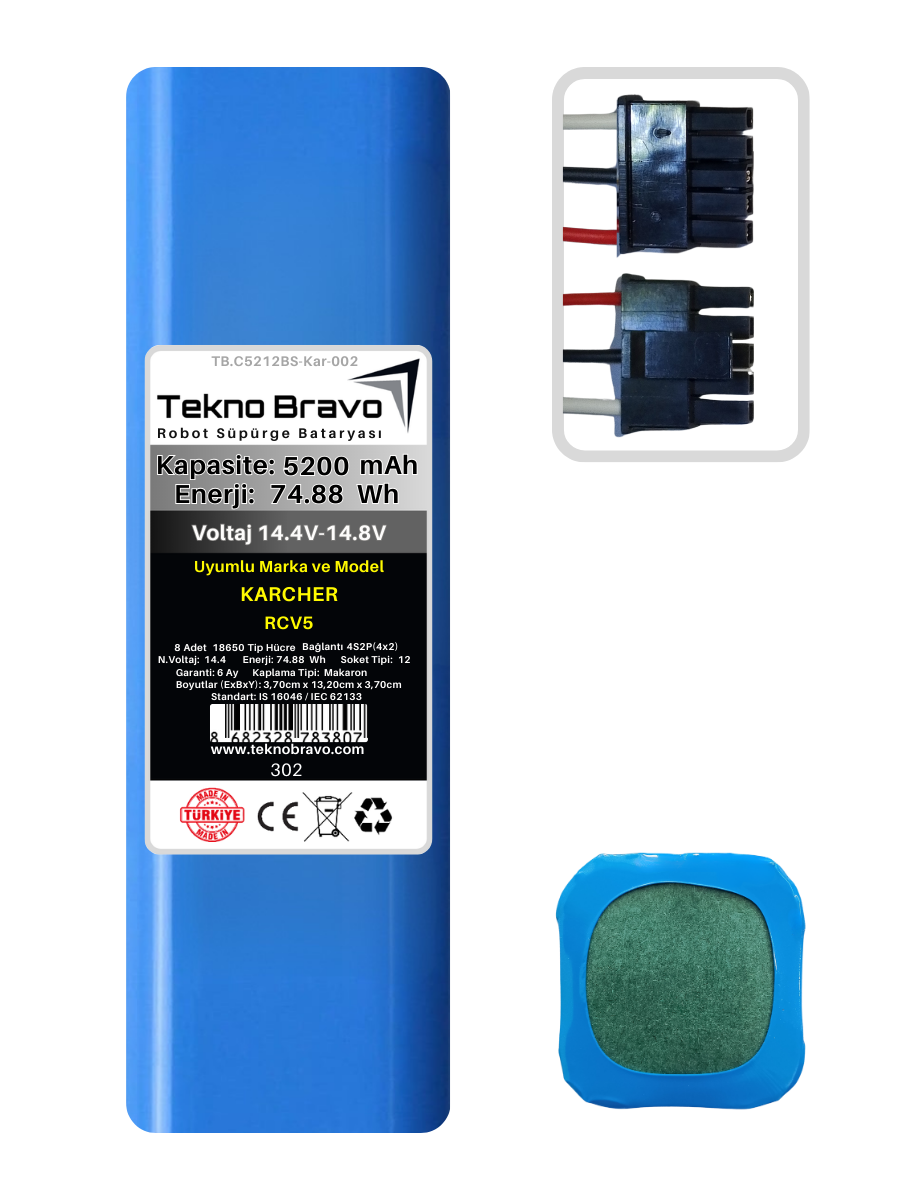 C12-302  Tekno Bravo (Karcher RCV5 Uyumlu) 5200mAh 74,88Wh Robot Süpürge Yedek Bataryası