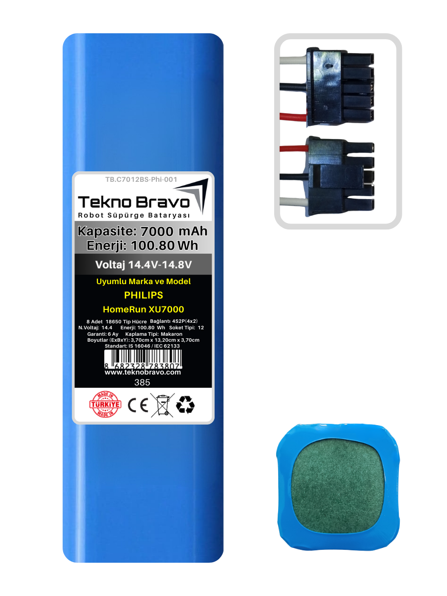 C12-385  Tekno Bravo (Philips HomeRun XU7000 Uyumlu) 7000mAh 100,8Wh Robot Süpürge Yedek Bataryası